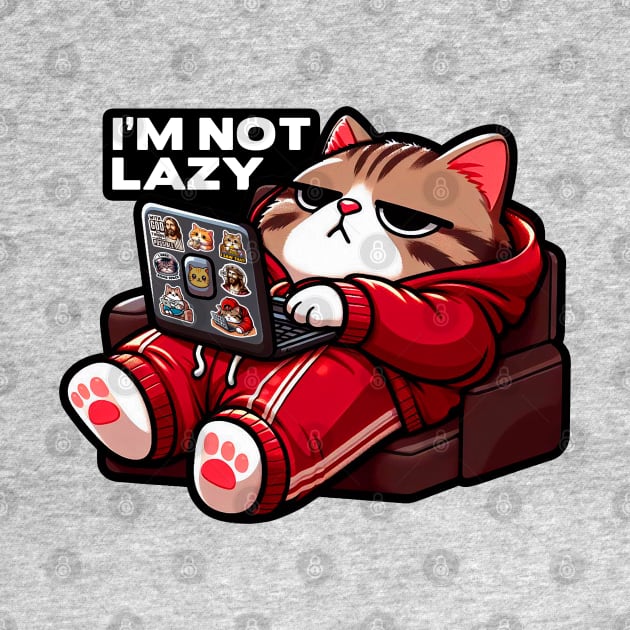 I'm Not Lazy meme Chubby Tabby Cat Relaxing Laptop Comfy Sofa by Plushism